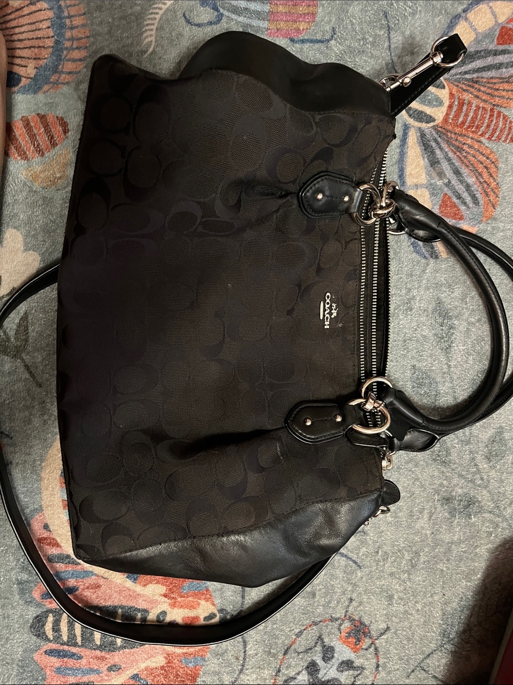 Coach Black Signature Jacquard Shoulder Bag with Leather Trim